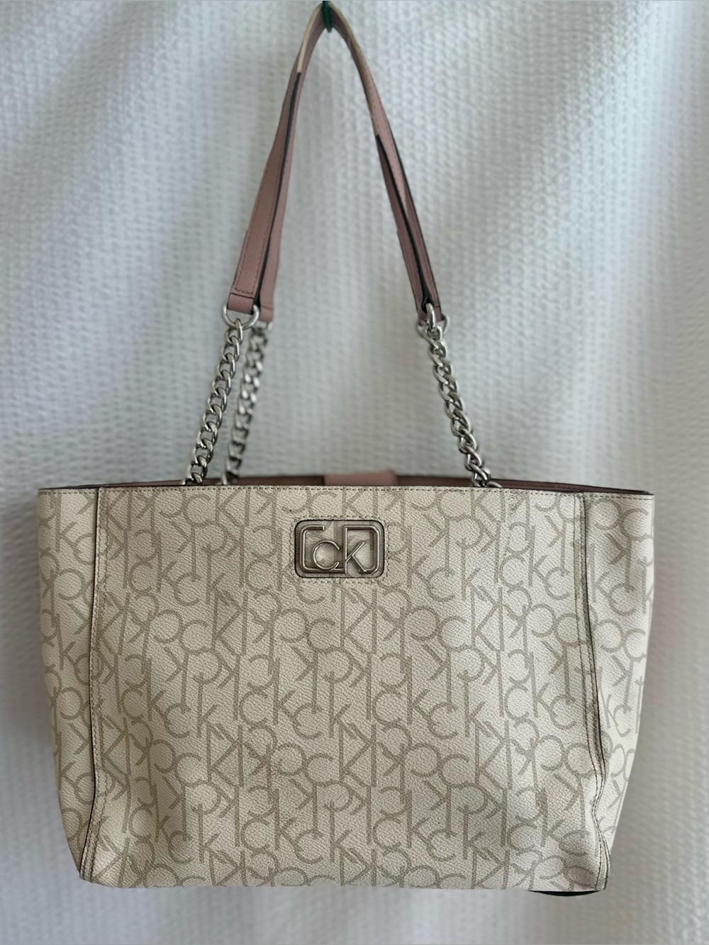 CALVIN KLEIN Cream Pink Monogram Tote Bag Silver Chain Strap Shoulder Purse